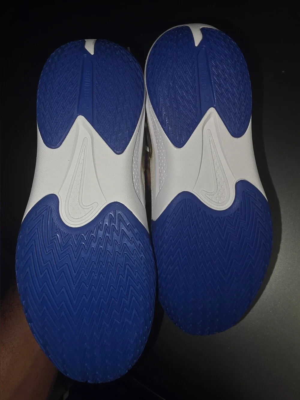 Brand New Nike 6.5Y White Sneakers with Holographic Gold Swoosh and Blue. No Box